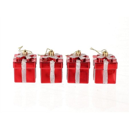 HBX natural living Kersthanger cadeautje set a 4 stuks 10,6x10,6x7,5cm rood