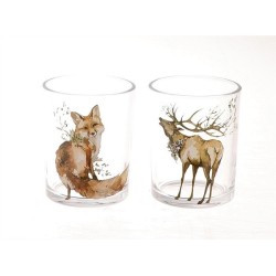 HBX natural living Photophore transparent avec image de cerf ou de renard Ø7xh8cm