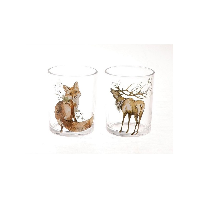 HBX natural living Photophore transparent avec image de cerf ou de renard Ø7xh8cm