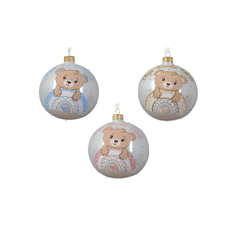 Boule de Noël en verre Decoris Mon premier ours de Noël dans une boîte cadeau en rose, bleu ou crème