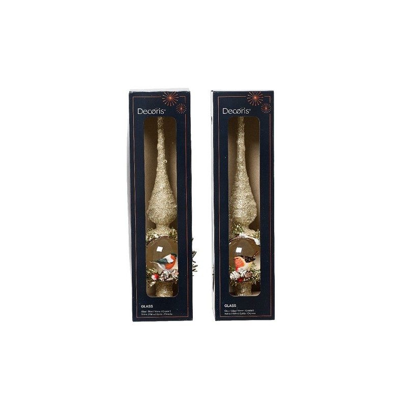 Verre Decoris Piek avec finition pailletée dorée et brindilles de Noël et photo de rouge-gorge H31cm Dia8cm