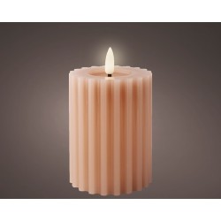 Bougie LED Lumineo cire nervurée Rose Clair H12,3 cm Dia 7,5 cm avec minuterie 6 heures - fonctionne avec 2 piles AAA (non fourn