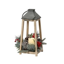 Lumineo LED lantaarn vurenhout met wax kaars en kerststukje- H36cm B15,5cm