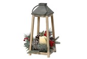 Lanterne LED Lumineo en bois d'épicéa avec bougie en cire et pièce de Noël - H36cm L15,5cm