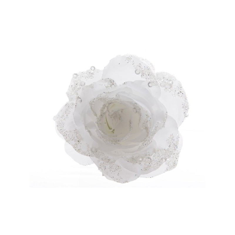 Decoris Rose sur clip polyester pailleté Blanc
