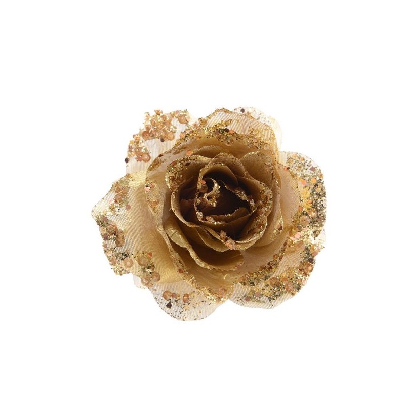 Decoris Roos op clip polyester glitters Goud