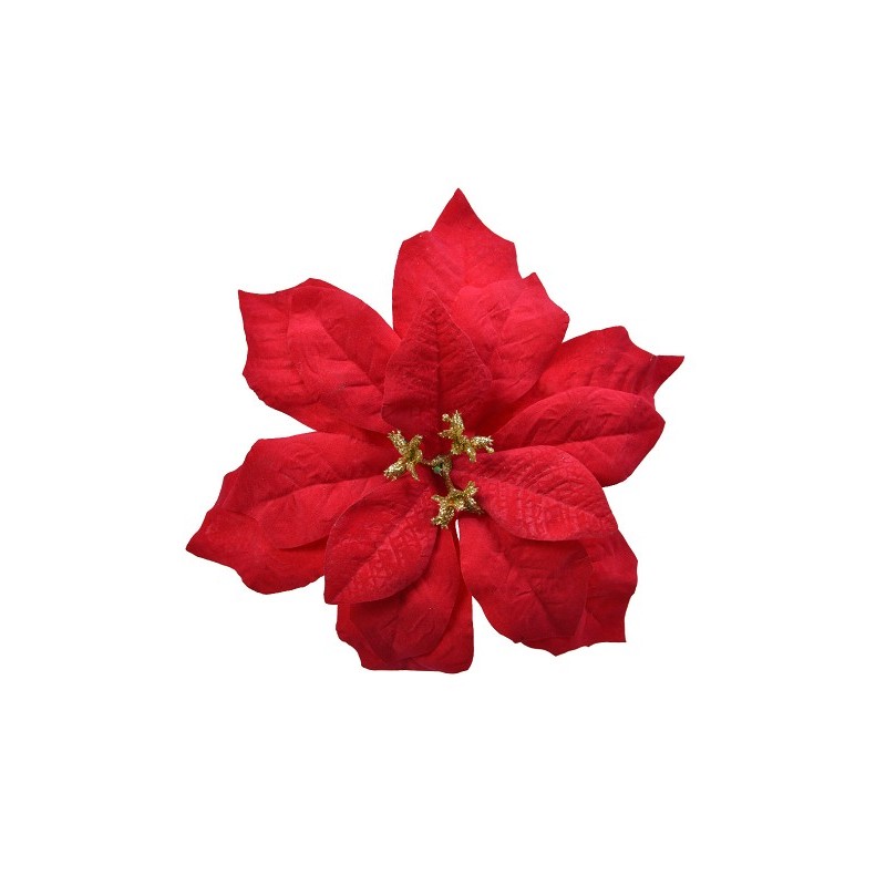 Decoris Poinsettia kerstster velvet op clip Dia 16cm