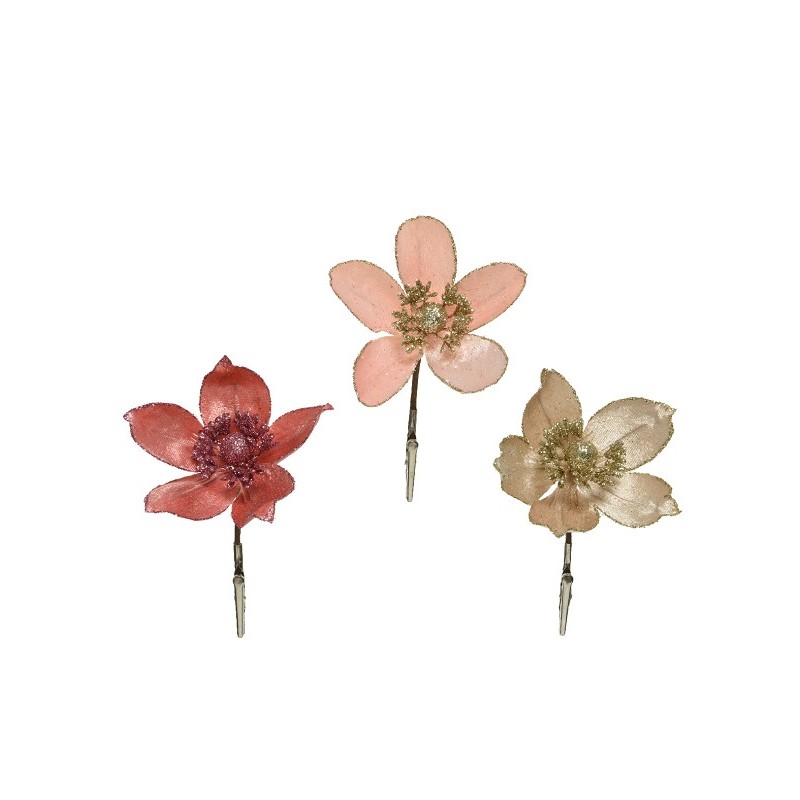 Fleur Decoris à paillettes sur clip Dia 12 cm disponible en Rose Clair, Rouge ou Blanc