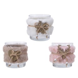 Decoris Theelichthouder glas met bont en kerstfiguur van hout hert, ster of sneeuwvlok- H7,5 cm dia 7 cm