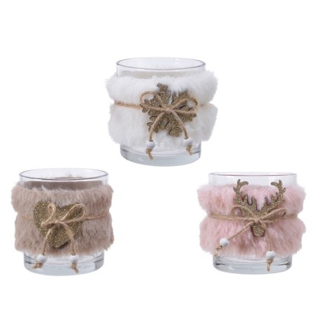 Decoris Theelichthouder glas met bont en kerstfiguur van hout hert, ster of sneeuwvlok- H7,5 cm dia 7 cm