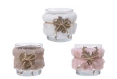 Decoris Theelichthouder glas met bont en kerstfiguur van hout hert, ster of sneeuwvlok- H7,5 cm dia 7 cm