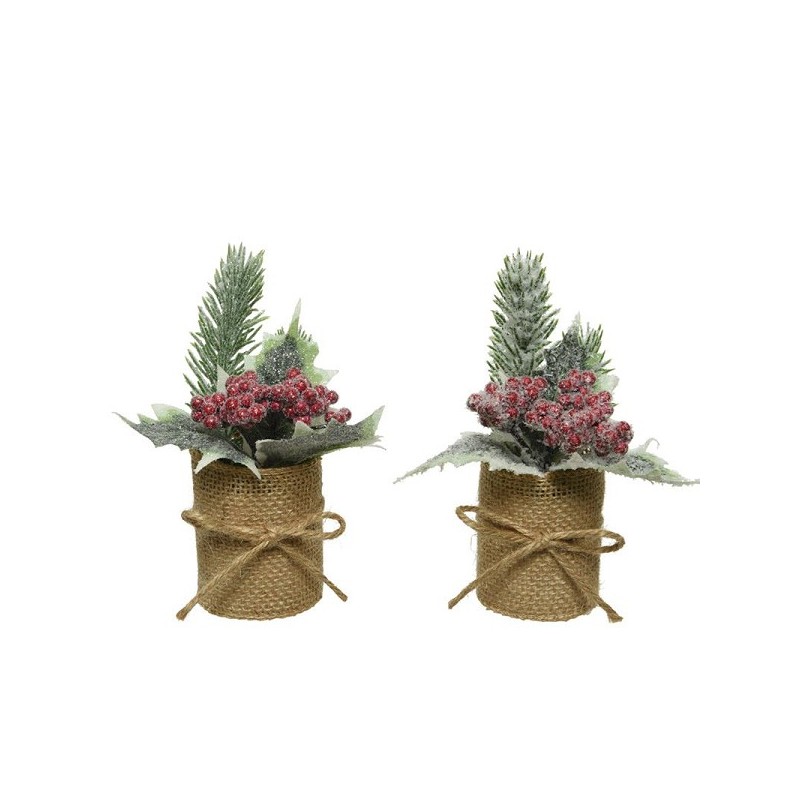 Pièce de Noël Decoris avec verdure et baies enneigées dans un pot en toile de jute - H15cm