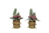 Pièce de Noël Decoris avec verdure et baies enneigées dans un pot en toile de jute - H15cm