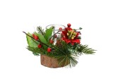 Decoris Theelichthouder glas in houten standaard met kerststukje groen/rood  H14 cm