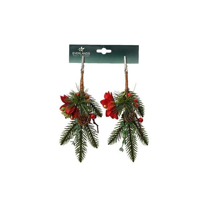 Decoris Kersttakje groen met rode decoratie  - op clip 2 stuks
