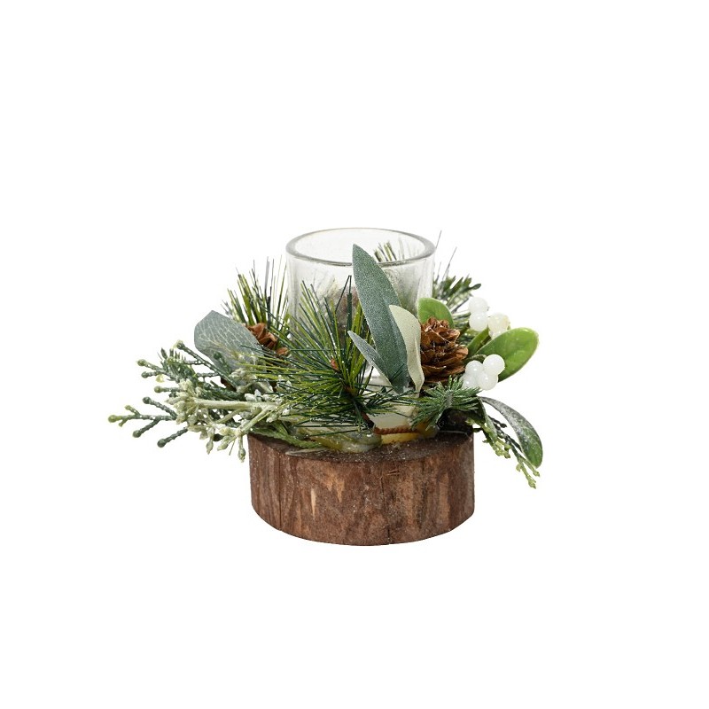 Decoris Photophore en verre sur support en bois avec pièce de Noël vert/blanc H14 cm