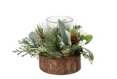 Decoris Theelichthouder glas in houten standaard met kerststukje groen/wit H14 cm