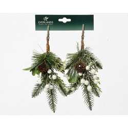 Decoris Brindille de Noël verte avec décoration blanche finition pailletée - sur clip 2 pièces - H22cm L8cm