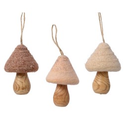 Decoris hangdeco Paddenstoel hout met wol en glitters - H10cm B7cm