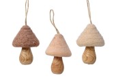 Decoris hangdeco Paddenstoel hout met wol en glitters - H10cm B7cm
