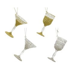 Decoris Kersthanger kunststof wijnglas met glitters in goud of zilver H10cm