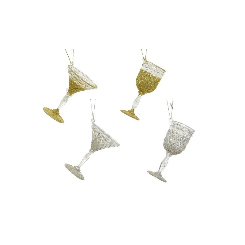 Decoris Kersthanger kunststof wijnglas met glitters in goud of zilver H10cm