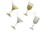 Decoris Kersthanger kunststof wijnglas met glitters in goud of zilver H10cm