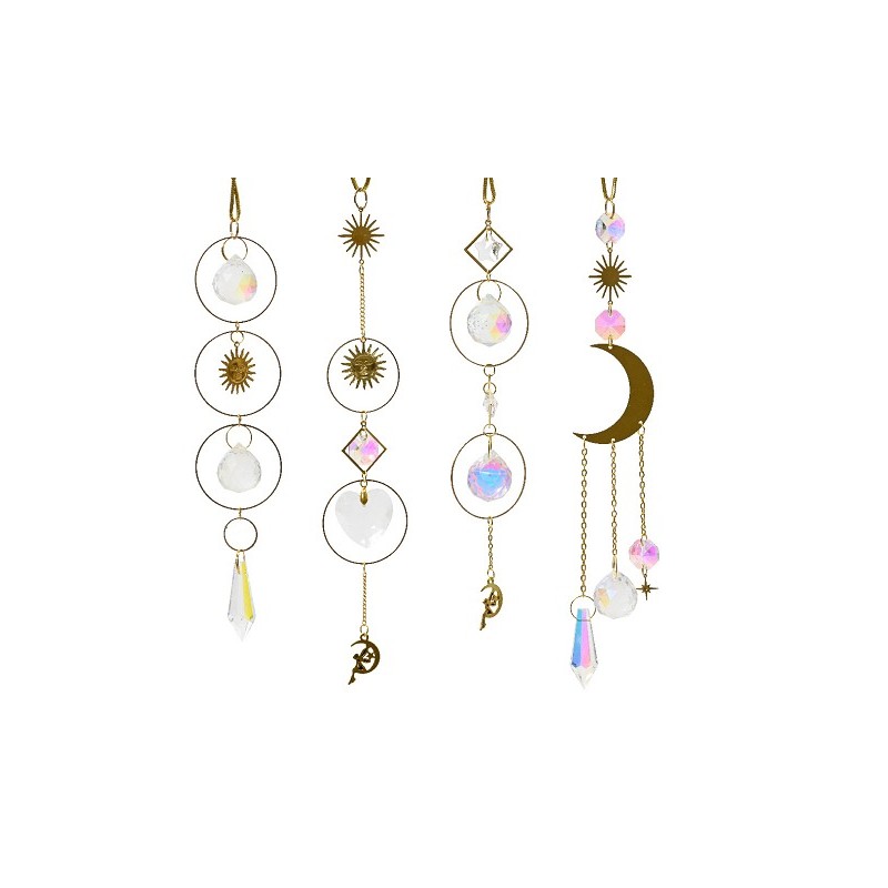 Decoris Suspension déco métal avec soleil et lune et goutte acrylique Doré H16cm