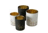 Boltze Home Theelichthouder glas Little Town met afbeelding huisjes set a 2 stuks- Dia7cm H8cm en Dia9cm H10cm wit/goud of zwart
