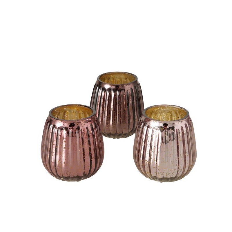 Boltze Home Theelichthouder glas met ribbel Alisa roze metallic Dia7cm H9cm