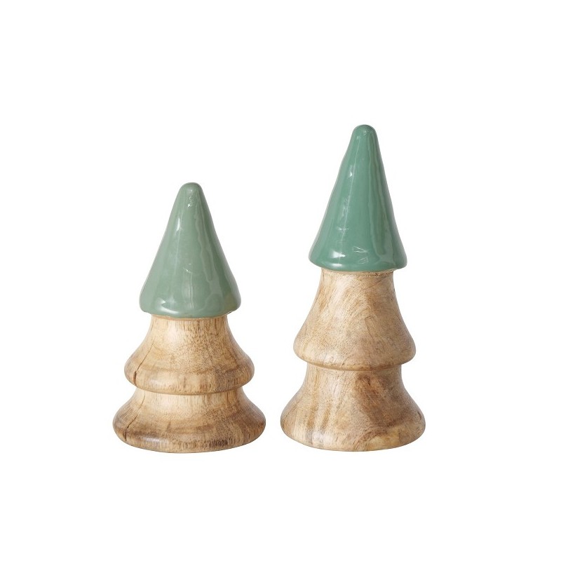 Boltze Home Decoratieve kerstboom Padise van Mangohout met groene glanzende top- H11cm en H13cm- Set van 2 stuks