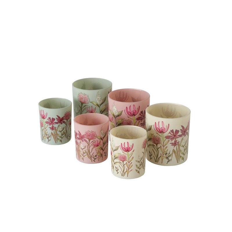 Boltze Home Theelichthouder glas Lumea bloemen set a 2 stuks Dia7cm H8,3cm en Dia 9cm H10cm roze/licht groen