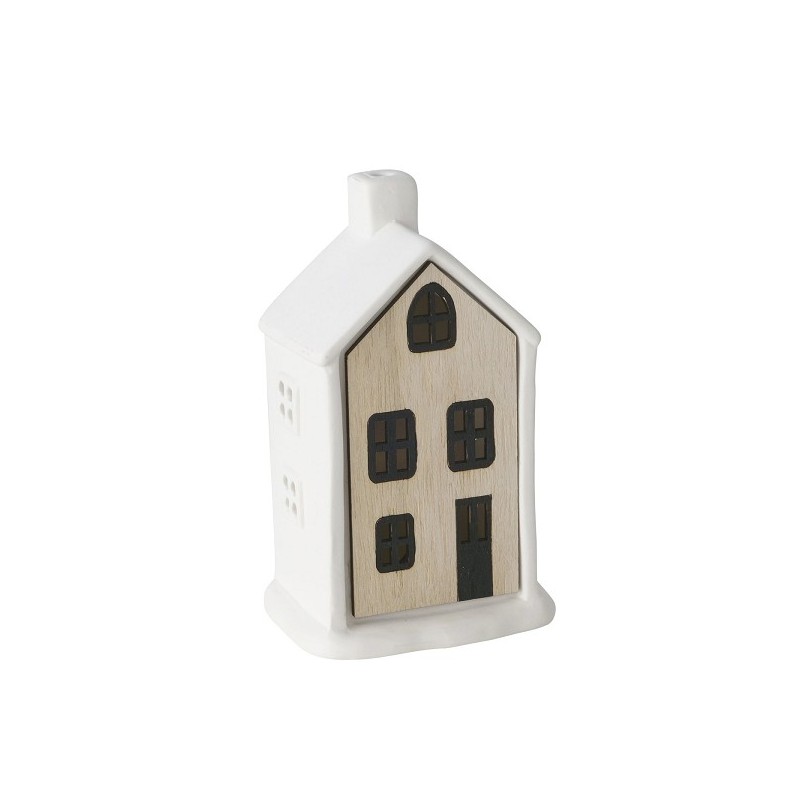 Boltze Home Huisje Homewood  porselein met hout  L8cm x B5,5cm x H13cm ( inclusief LR44 batterij )