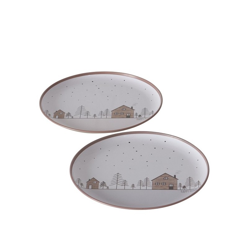 Boltze Home Decoratiebord Homewood met dessin van huisjes en kerstbomen metaal dia 20cm
