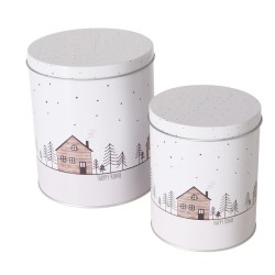 Boltze Home Boîte de rangement Homewood avec image de maisons et d'arbres de Noël lot de 2 pièces Dia11cm H13cm et Dia14cm H16cm