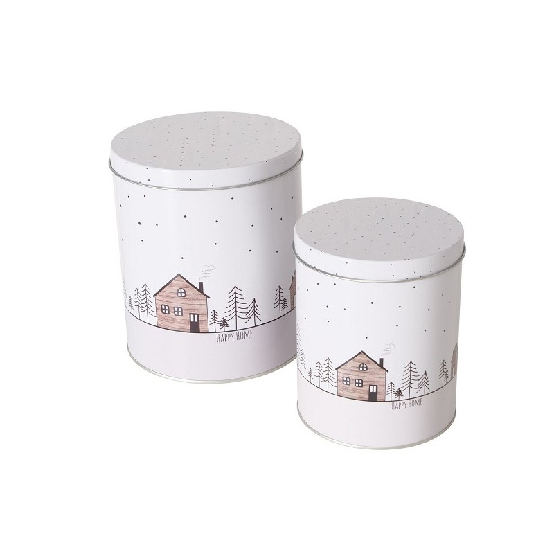 Boltze Home Boîte de rangement Homewood avec image de maisons et d'arbres de Noël lot de 2 pièces Dia11cm H13cm et Dia14cm H16cm