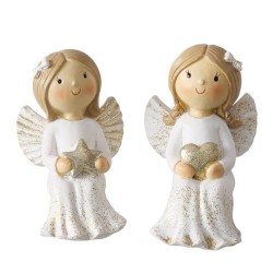 Boltze Home Figurine de Noël ange Antonea assis - céramique H8,5cm blanc avec coeur ou étoile
