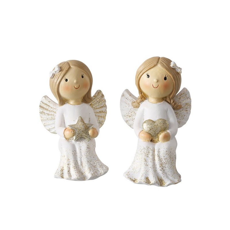 Boltze Home Kerstfiguur engel Antonea zittend-  keramiek H8,5cm wit met hartje of sterretje