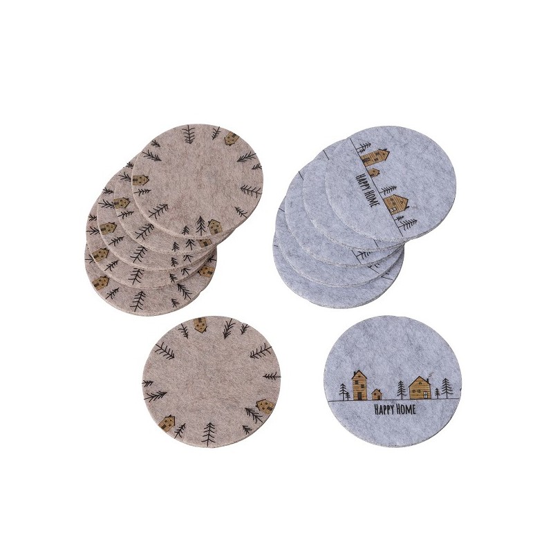 Boltze Home Onderzetterset Homewood met dessin van huisjes en kerstbomen vilt dia 10cm 6 stuks