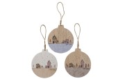 Boltze Home Decoratieve hanger Homewood in de vorm van kerstbal met dessin van huisjes met kerstbomen- gemaakt van hout en vilt 