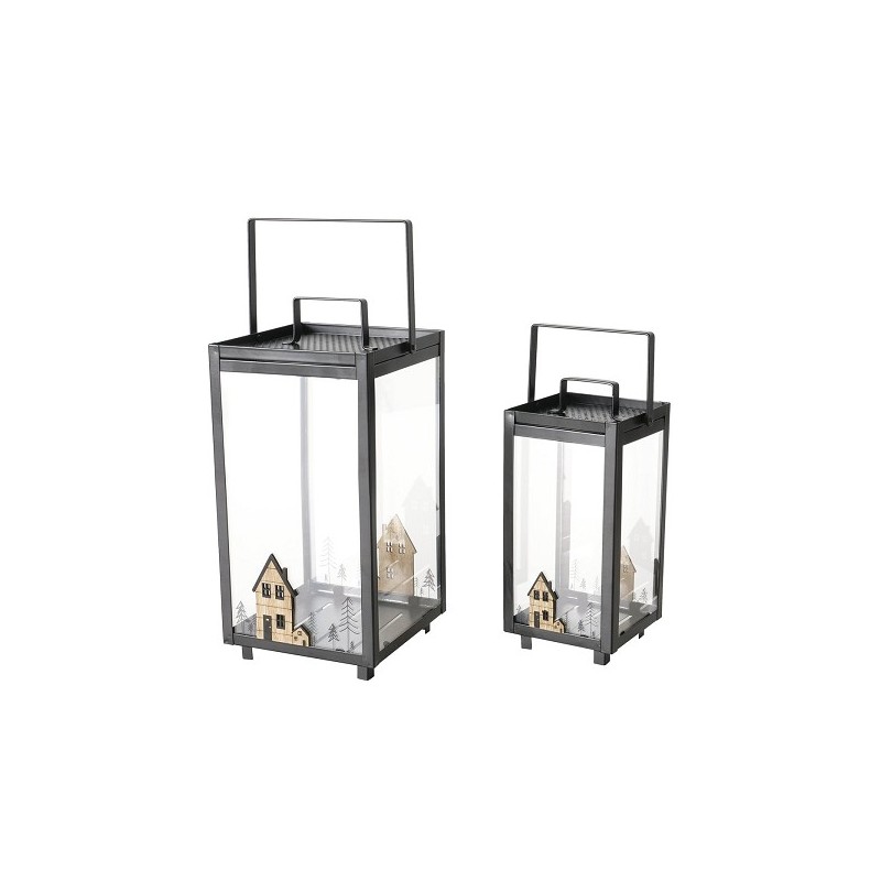 Boltze Home Lantaarn Homewood van metaal en glas met houten huisjes - set a 2 - H31cm en H24cm