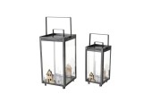 Boltze Home Lantaarn Homewood van metaal en glas met houten huisjes - set a 2 - H31cm en H24cm