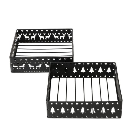 Boltze Home Porte-serviettes Norvag en métal noir avec décor cerf ou sapins de Noël 18x18cm
