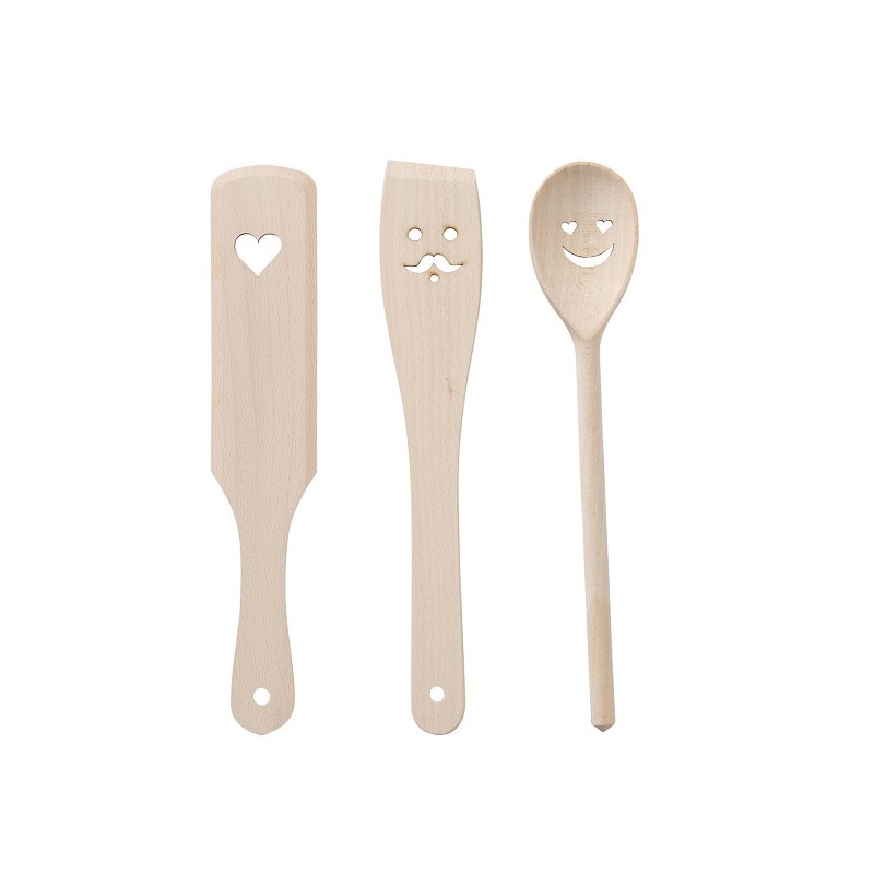 Boltze Home Ensemble de cuillères Laga 3 pièces en bois de hêtre avec visage et cœur perforés