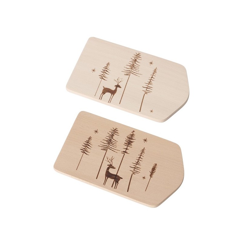 Boltze Home Ontbijtbord Logan gemaakt van beukenhout met afbeelding van hert en kerstbomen L24cm B13cm H1cm