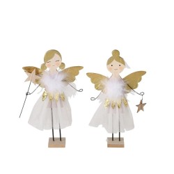 Boltze Home Figurine de Noël ange Tinka en métal et bois sur standard H24cm blanc-or