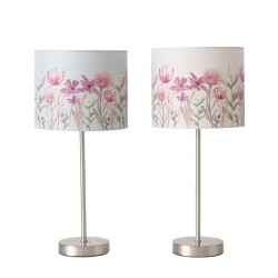 Boltze Home Lampe de table Lumea avec abat-jour à motif floral sur pied en métal argenté H40cm Dia18cm
