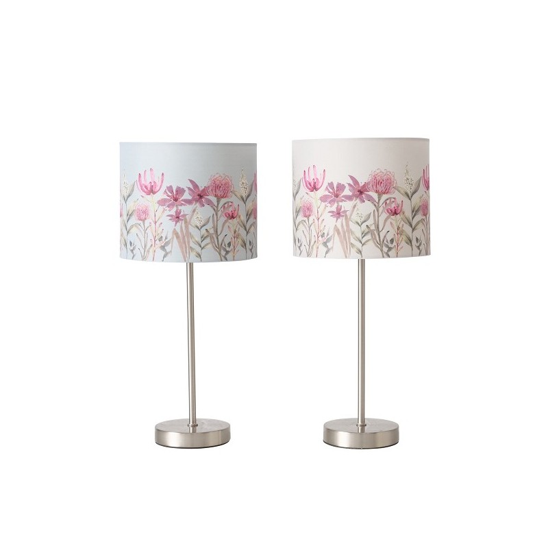 Boltze Home Lampe de table Lumea avec abat-jour à motif floral sur pied en métal argenté H40cm Dia18cm