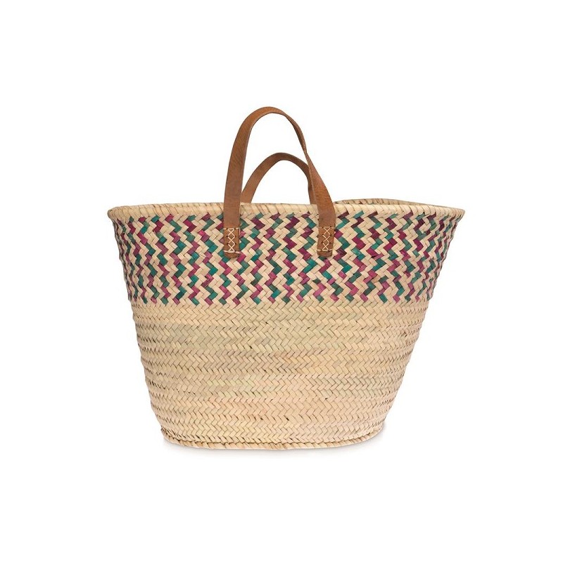 Sac en feuille de palmier avec vannerie colorée et anses en cuir de vachette