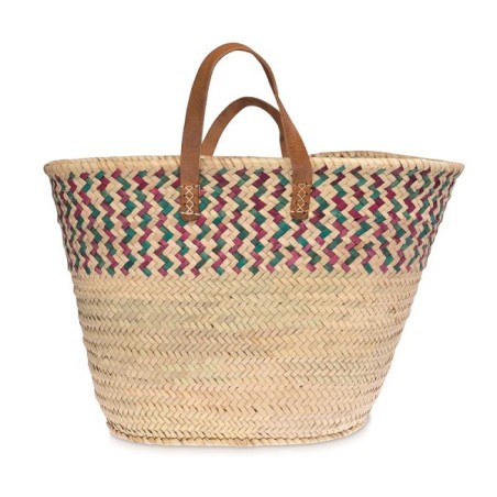 Sac en feuille de palmier avec vannerie colorée et anses en cuir de vachette